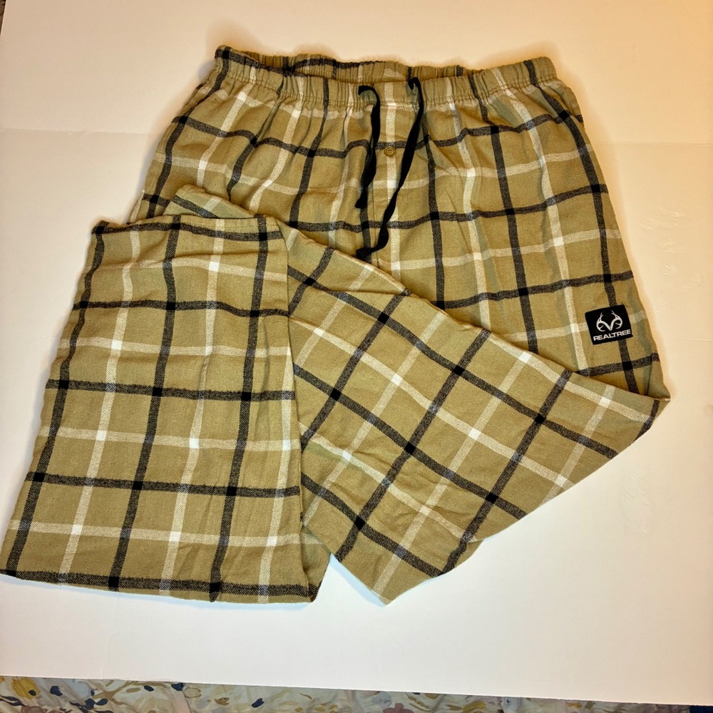 Realtree XL Plaid Flannel Lounge Pants Mens Beige Black White Drawstring PJs
